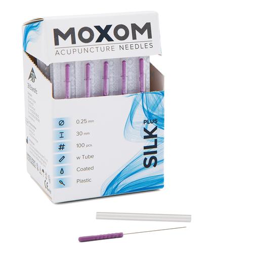 Aiguilles d'acupuncture siliconées avec un manche en plastique, MOXOM Silk Plus - 100 aiguilles 0,25 x 30 mm (avec tube), 1022084, Aiguilles d’acupuncture MOXOM