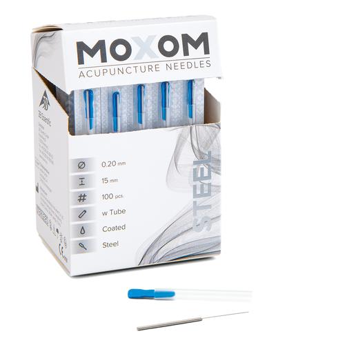 Acupuncture needles with steel handle, siliconized - MOXOM Steel - 0.20 x 15 mm (with tube) 100 needles, 1022108, Acupuncture Needles MOXOM