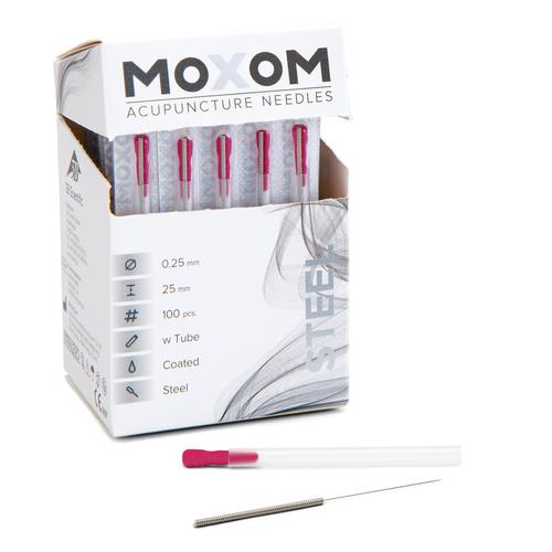 Acupuncture needles with steel handle, siliconized - MOXOM Steel - 0.25 x 25 mm (with tube) 100 needles, 1022109, Acupuncture Needles MOXOM