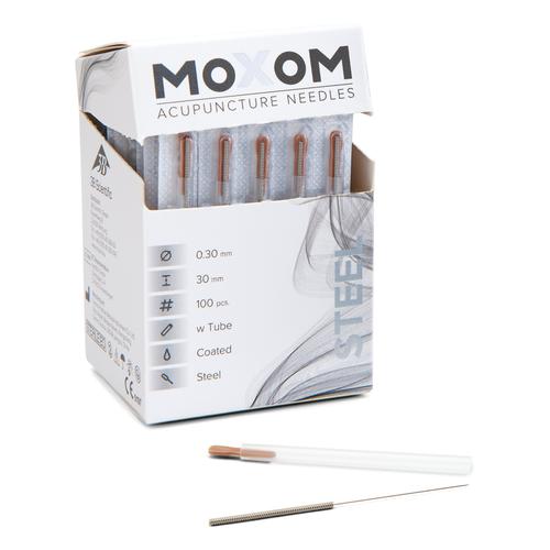 Akupunkturnadeln mit Stahlwendelgriff, silikonisiert - MOXOM Steel: 100 Nadeln je 0,30x30 mm (mit Führung), 1022110, Akupunkturnadeln MOXOM