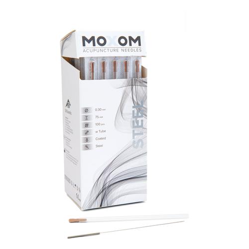 Akupunkturnadeln mit Stahlwendelgriff, silikonisiert - MOXOM Steel: 100 Nadeln je 0,30x75 mm (mit Führung), 1022113, Akupunkturnadeln MOXOM