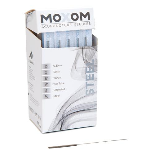 MOXOM Steel  - 0,30 x 50 mm - non enrobé - 100 aiguilles d'acupuncture, 1022124, Aiguilles d’acupuncture MOXOM