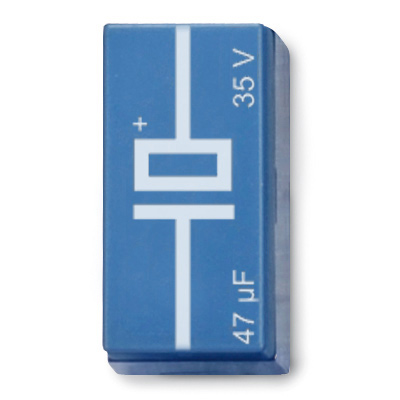 Condensador 10 µF, 35 V, P2W19, 1012957 [U333065], Sistema de elementos enchufables